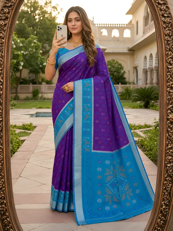 Purple_and_sky_blue_Pochampally_silk_saree