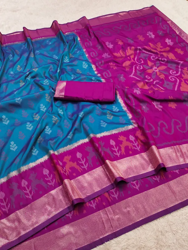 Turquoise_blue_and_magenta_Pochampally_silk_saree