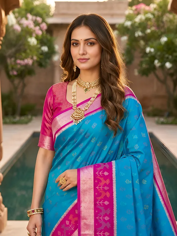Turquoise_blue_and_magenta_Pochampally_silk_saree