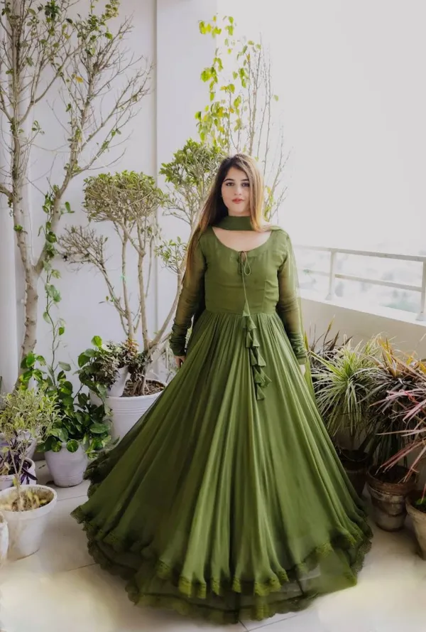 Moss_Green_Georgette_Flared_Lace_Trim_Gown_For_Women