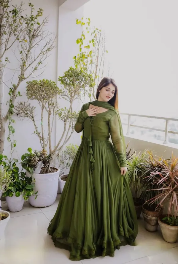 Moss_Green_Georgette_Flared_Lace_Trim_Gown_For_Women