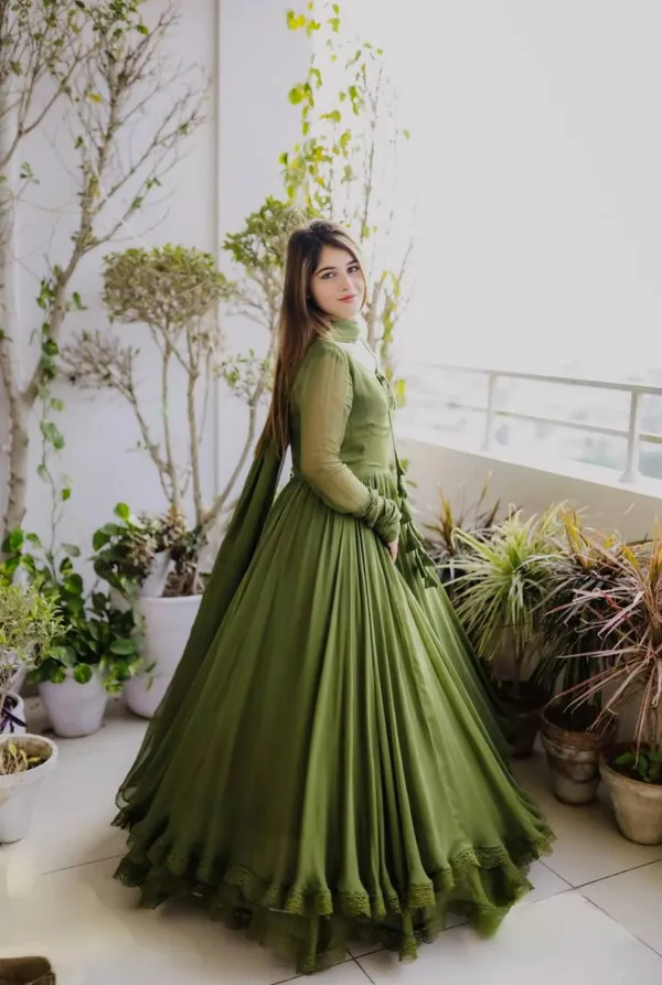 Moss_Green_Georgette_Flared_Lace_Trim_Gown_For_Women
