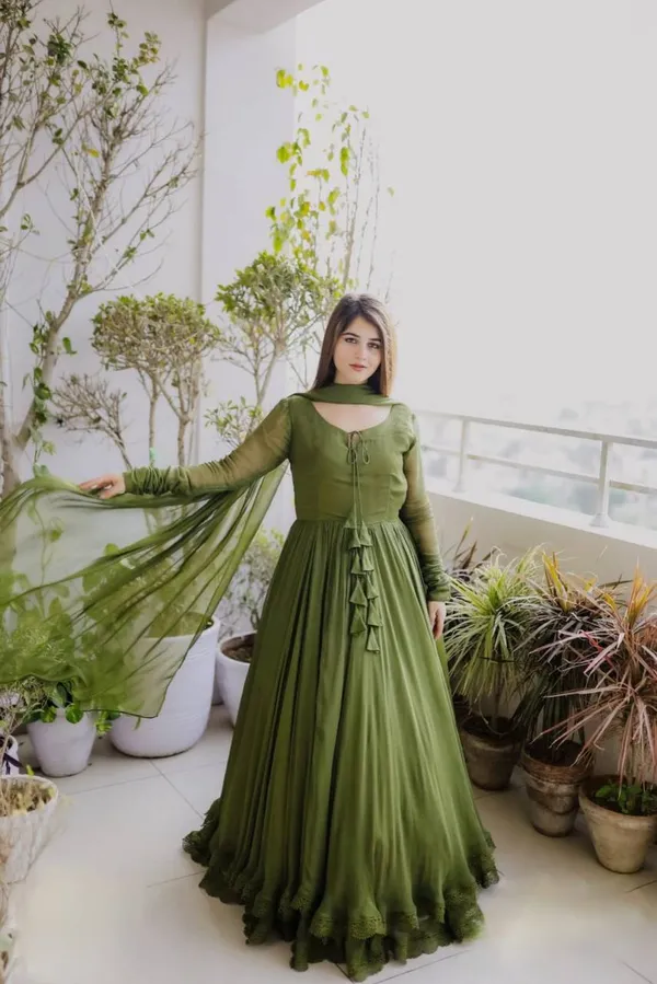 Moss_Green_Georgette_Flared_Lace_Trim_Gown_For_Women