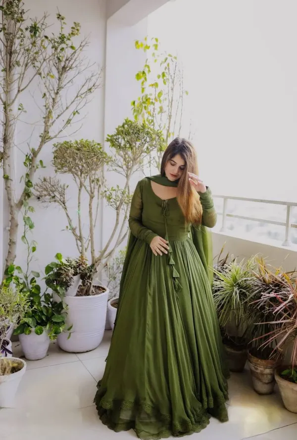 Moss_Green_Georgette_Flared_Lace_Trim_Gown_For_Women