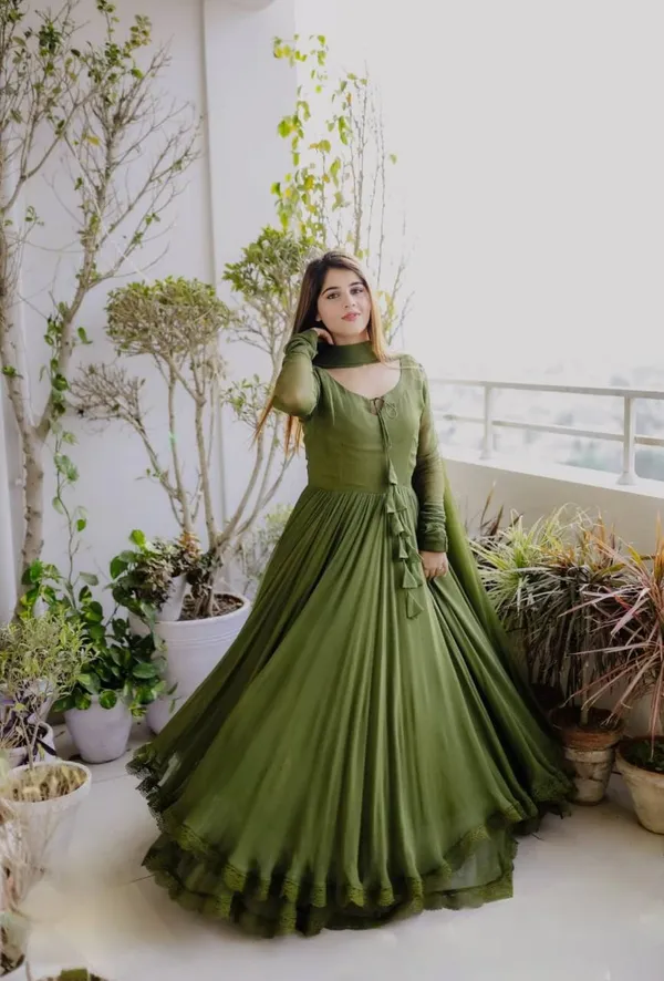 Moss_Green_Georgette_Flared_Lace_Trim_Gown_For_Women