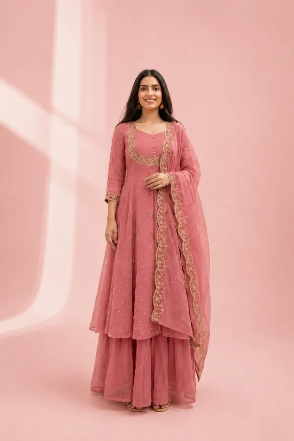 Dusky_Pink_Vichitra_Silk_Cape_Style_Lehenga_Gown_For_Women