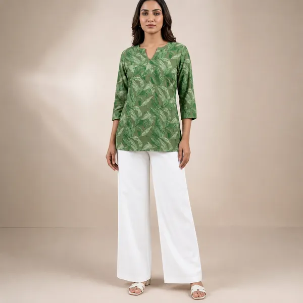 Olive_Green_Rayon_Leaf_Print_Western_Top_With_Palazzo_For_Women