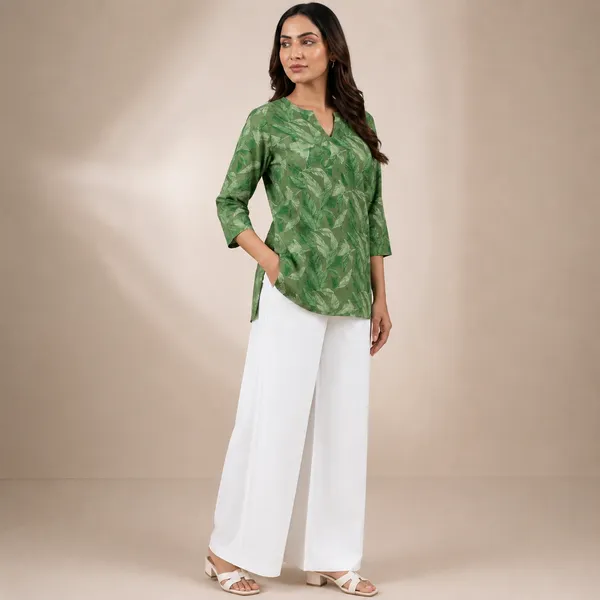 Olive_Green_Rayon_Leaf_Print_Western_Top_With_Palazzo_For_Women