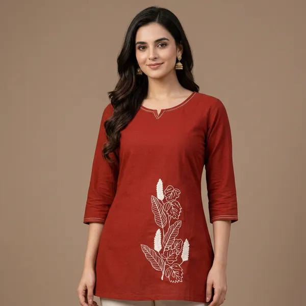 Crimson_Red_Cotton_Embroidered_Western_Top_For_Women