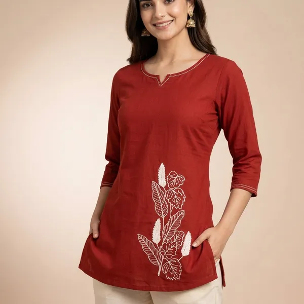 Crimson_Red_Cotton_Embroidered_Western_Top_For_Women