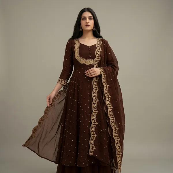 Coffee_Brown_Vichitra_Silk_Embroidered_Cape_Lehenga_Gown_For_Women