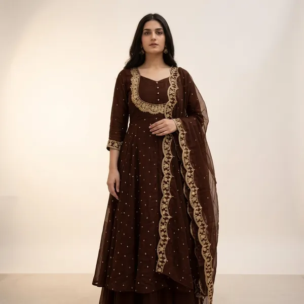 Coffee_Brown_Vichitra_Silk_Embroidered_Cape_Lehenga_Gown_For_Women