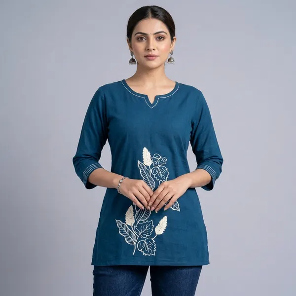Teal_Blue_Cotton_Leaf_Embroidered_Western_Top_For_Women