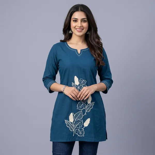 Teal_Blue_Cotton_Leaf_Embroidered_Western_Top_For_Women