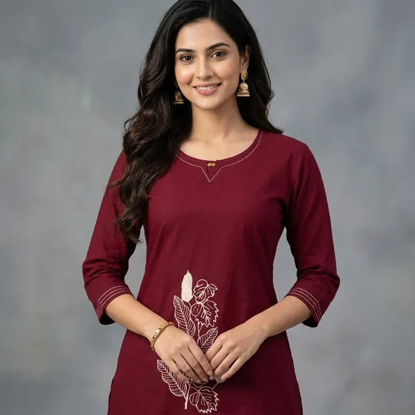 Maroon_Cotton_Leaf_Embroidered_Western_Top_For_Women