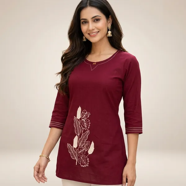 Maroon_Cotton_Leaf_Embroidered_Western_Top_For_Women