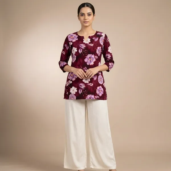 Maroon_Rayon_Floral_Print_Western_Top_With_Palazzo_For_Women