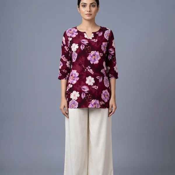 Maroon_Rayon_Floral_Print_Western_Top_With_Palazzo_For_Women
