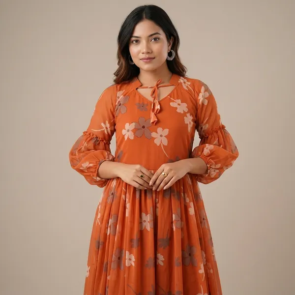 Orange_Faux_Georgette_Floral_Puff_Sleeve_Gown_For_Women