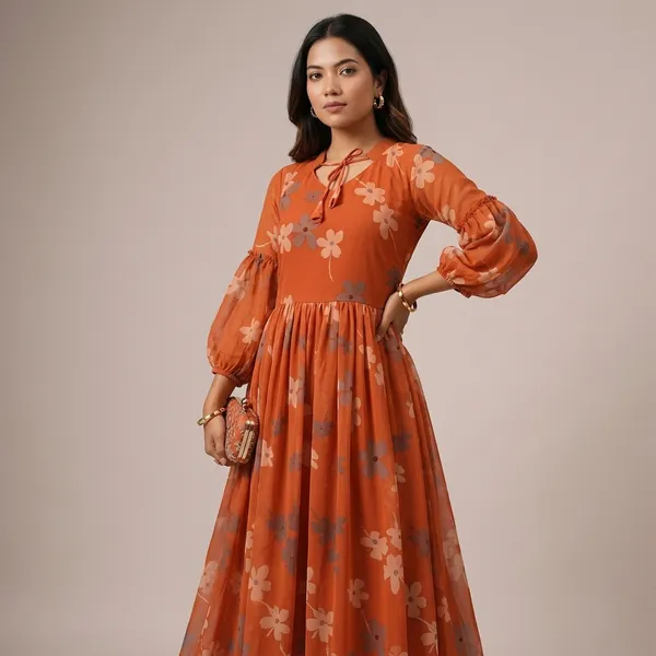 Orange_Faux_Georgette_Floral_Puff_Sleeve_Gown_For_Women