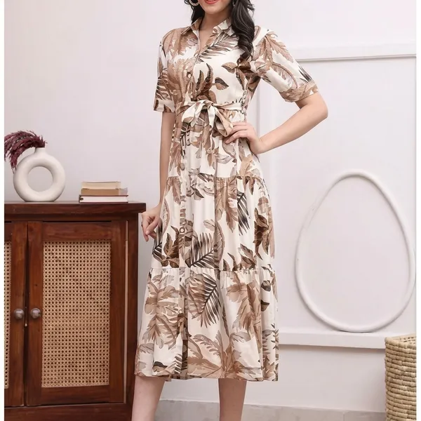 White_Brown_Poly_Rayon_Tiered_Western_Kurti_For_Women