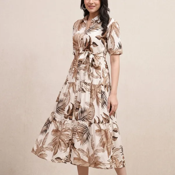 White_Brown_Poly_Rayon_Tiered_Western_Kurti_For_Women
