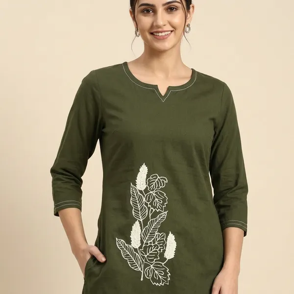 Olive_Green_Cotton_Hand_Embroidered_Western_Top_For_Women