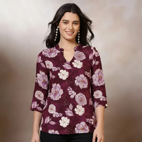 Maroon_Cotton_Floral_Print_Mandarin_Collar_Western_Top_For_Women