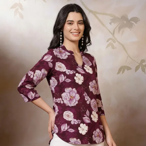 Maroon_Cotton_Floral_Print_Mandarin_Collar_Western_Top_For_Women