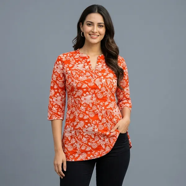 Orange_Cotton_Floral_Print_Mandarin_Collar_Western_Top_For_Women