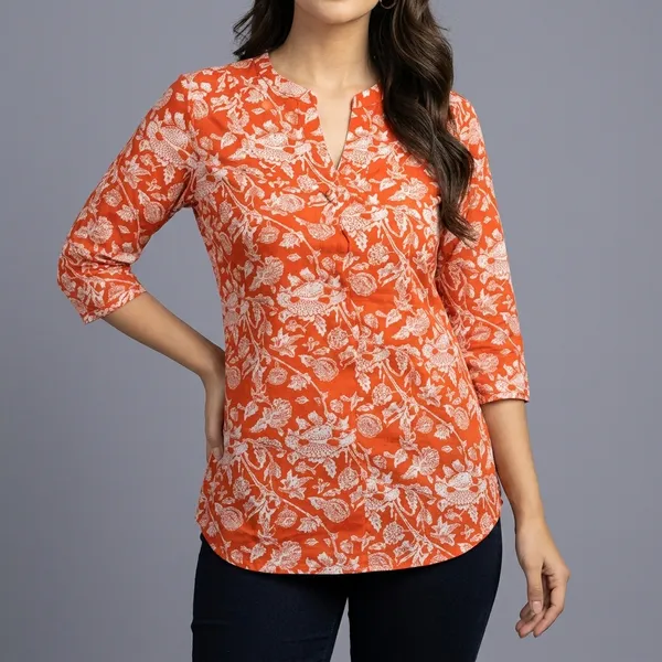 Orange_Cotton_Floral_Print_Mandarin_Collar_Western_Top_For_Women