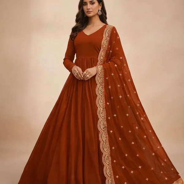 Terracotta_Georgette_Embroidered_Flared_Gown_With_Dupatta_For_Women
