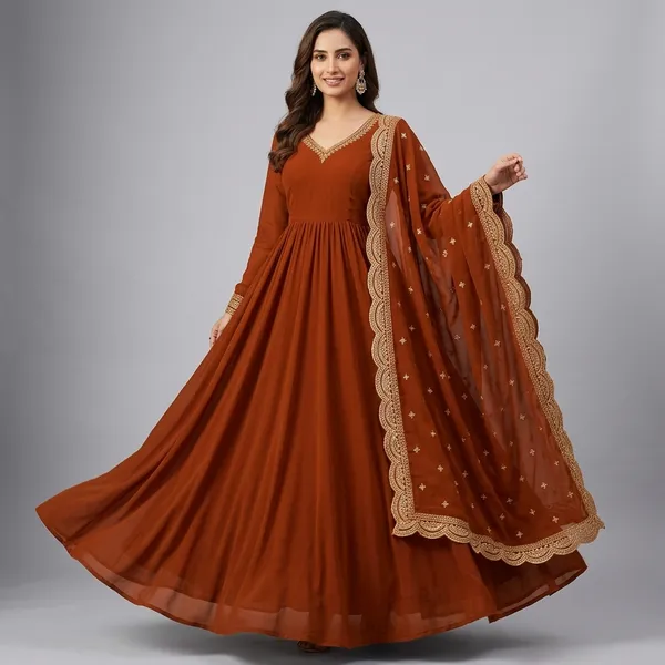 Terracotta_Georgette_Embroidered_Flared_Gown_With_Dupatta_For_Women