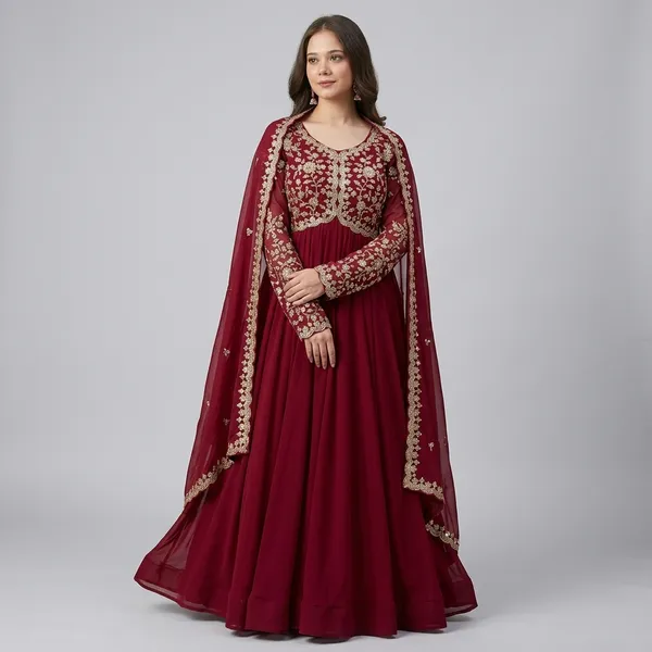 Maroon_Faux_Blooming_Fancy_Neck_Flared_Gown_For_Women