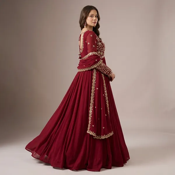 Maroon_Faux_Blooming_Fancy_Neck_Flared_Gown_For_Women