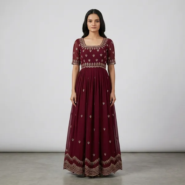 Maroon_Georgette_Fit_And_Flare_Designer_Gown_For_Women