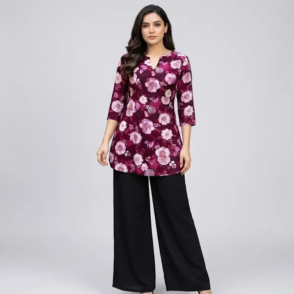 Maroon_Rayon_Floral_Print_Tunic_Palazzo_Co-Ord_Set_For_Women