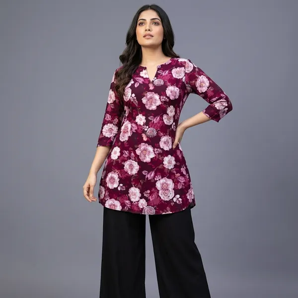 Maroon_Rayon_Floral_Print_Tunic_Palazzo_Co-Ord_Set_For_Women