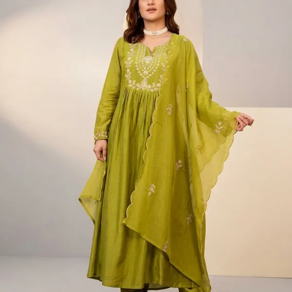 Lime_Green_Vichitra_Silk_Embroidered_Flared_Suit_Set_For_Women