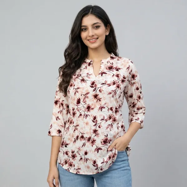 Off_White_Cotton_Floral_Print_Curved_Hem_Western_Top_For_Women