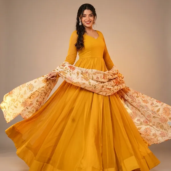 Mustard_Yellow_Georgette_Floral_Flared_Gown_With_Dupatta_For_Women