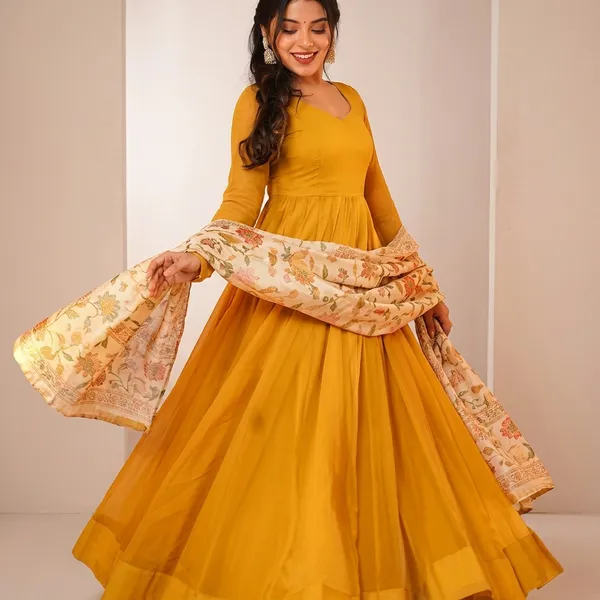 Mustard_Yellow_Georgette_Floral_Flared_Gown_With_Dupatta_For_Women