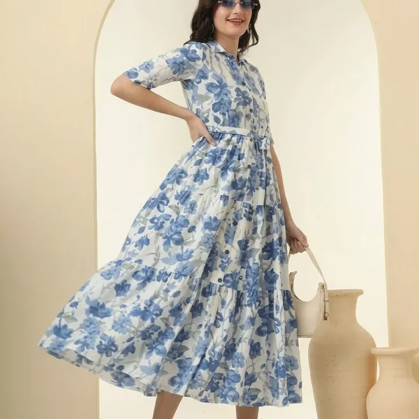 Blue_White_Poly_Rayon_Floral_Print_Tiered_Western_Kurti_For_Women