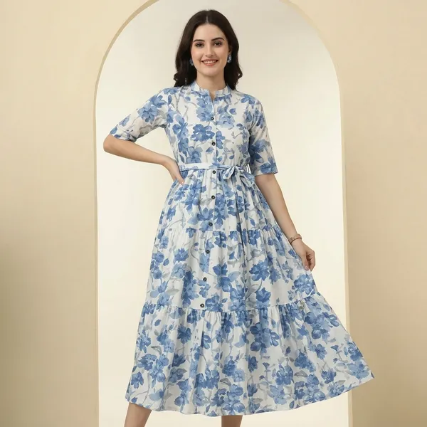 Blue_White_Poly_Rayon_Floral_Print_Tiered_Western_Kurti_For_Women