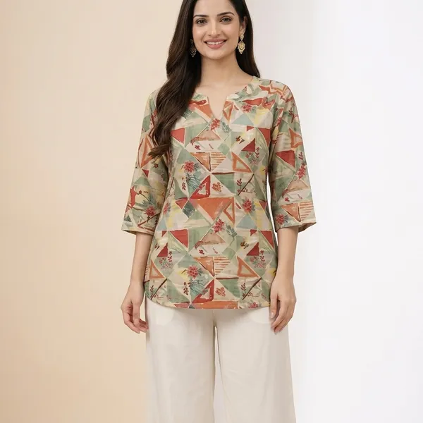 Teal_Rayon_Botanical_Print_Tunic_Palazzo_Co-Ord_Set_For_Women