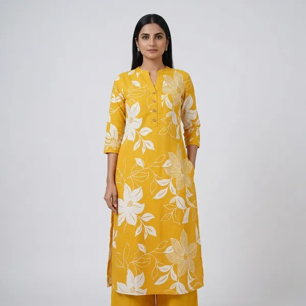 Mustard_Yellow_Cotton_Floral_Printed_Kurta_Palazzo_Set_For_Women