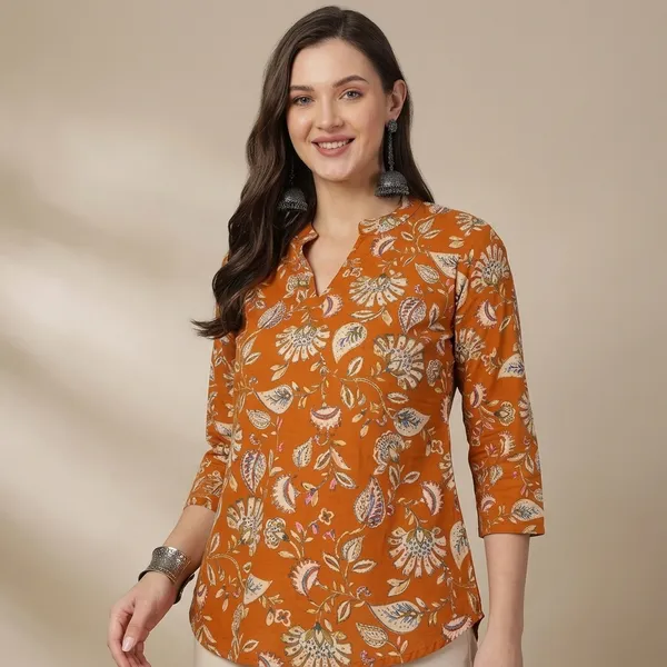 Orange_Cotton_Floral_Western_Top_For_Women