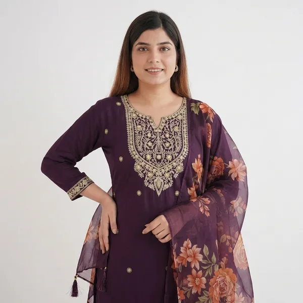 Deep_Plum_Viscose_Rayon_Straight_Cut_Kurti_3-Piece_Set_For_Women