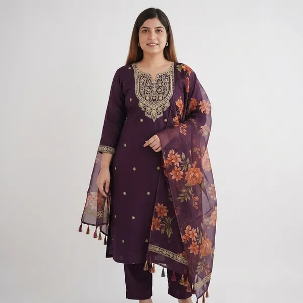 Deep_Plum_Viscose_Rayon_Straight_Cut_Kurti_3-Piece_Set_For_Women