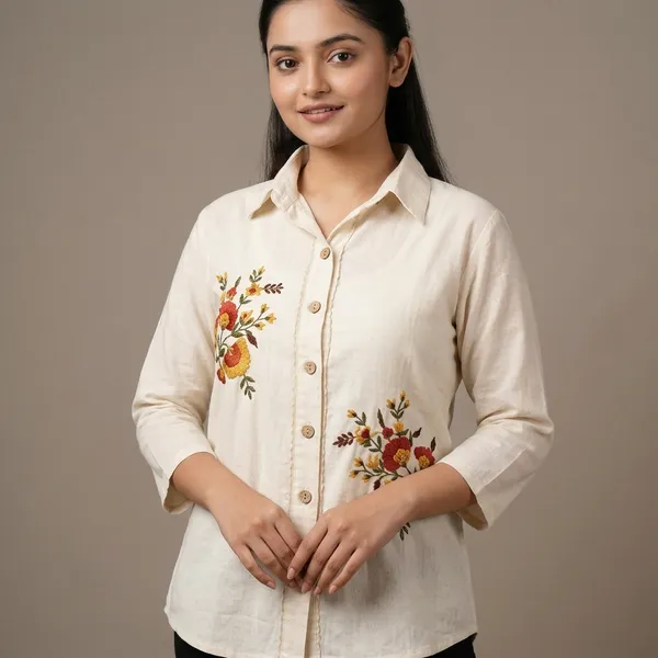 Off_White_Cotton_Hand_Embroidered_High_Low_Western_Top_For_Women
